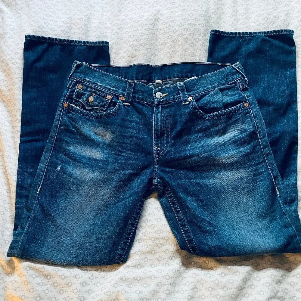 TRUE RELIGION STRAIGHT LEG MED WASH FLAP POCKET JEANS Sz 36
